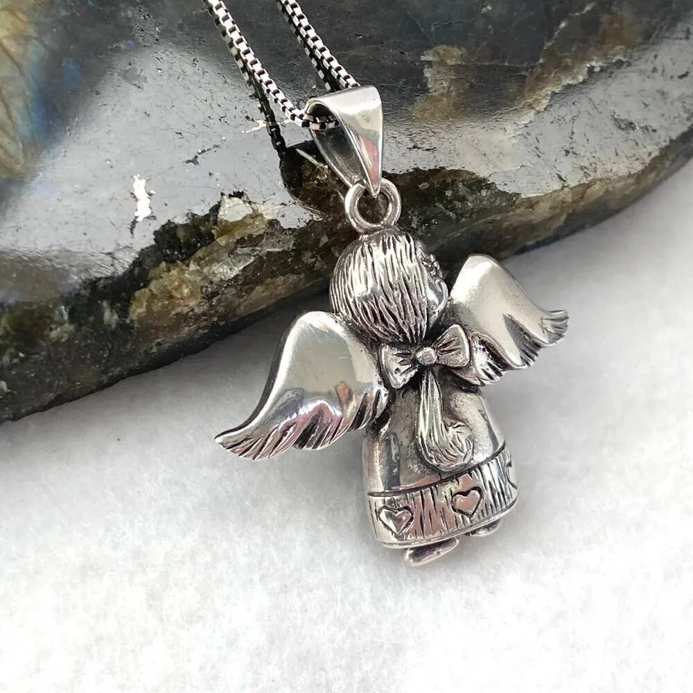 Solid Sterling Silver 925 Religious Figural Angel Wings Chunky Pendant Necklace